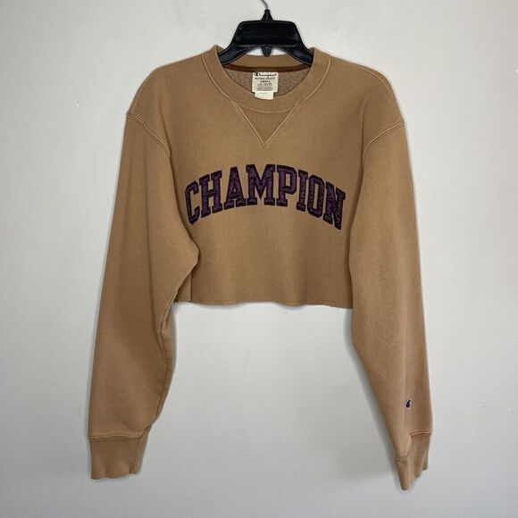 CHAMPION Reverse Weave Womens Cropped Sweatshirt Sz S Brown Purple Spellout - Picture 1 of 9